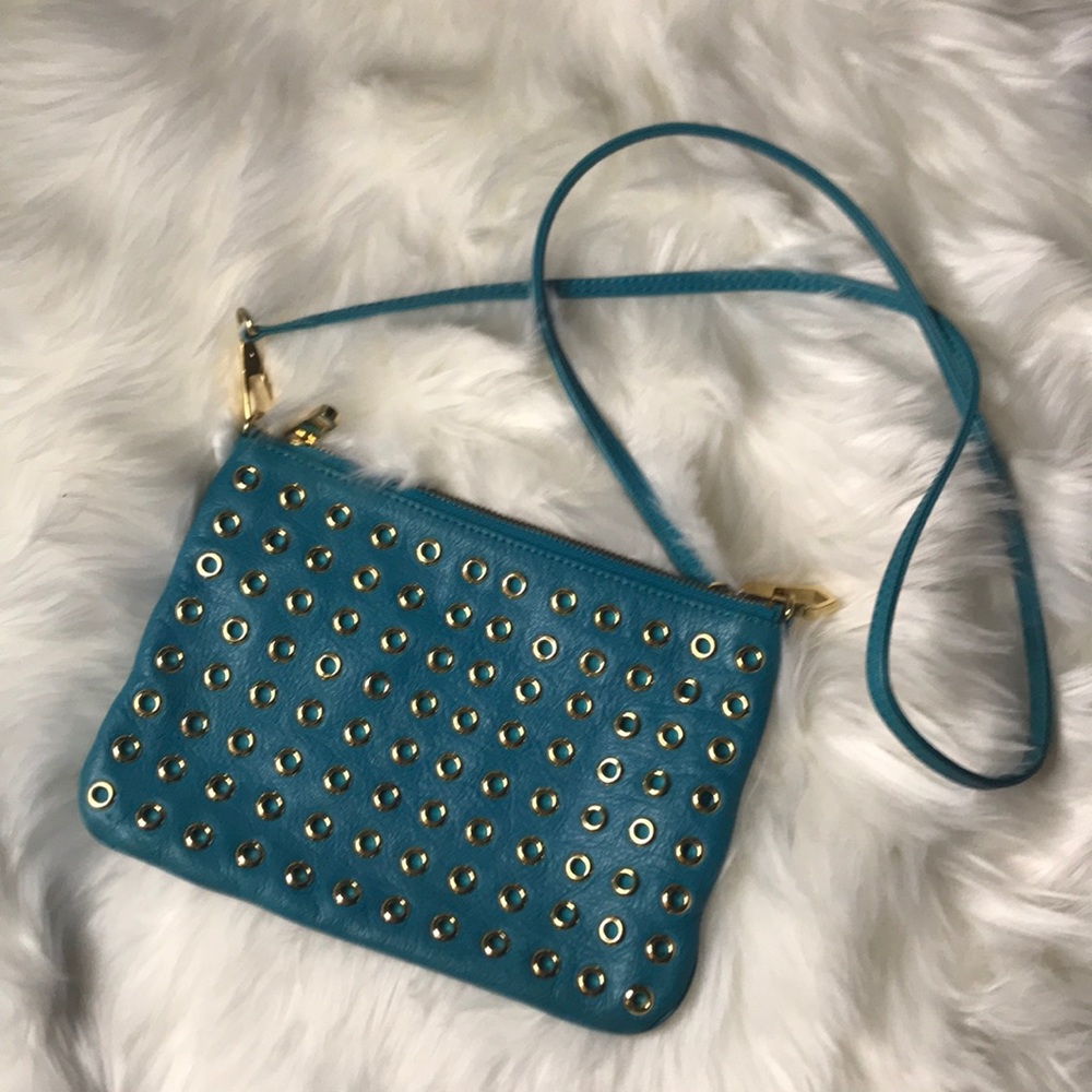 Rebecca Minkoff Aqua and gold crossbody